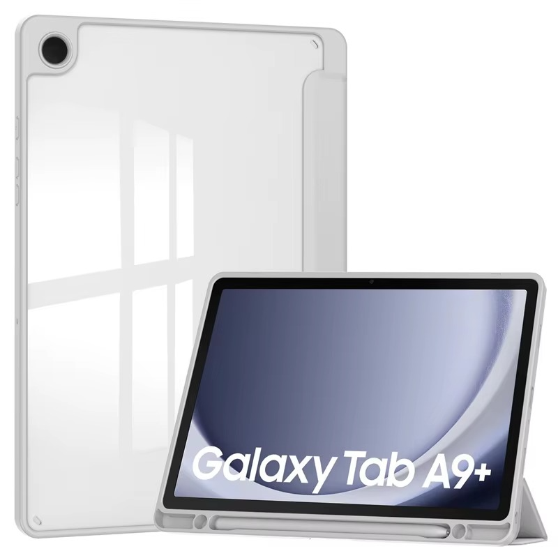 Protective Trifold Flip Cover with Clear Back & Pencil Slot for Galaxy Tab A9 Plus (11.0 inch), Auto Wake/Sleep