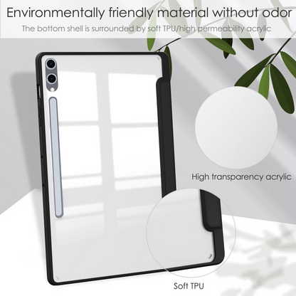 Protective Trifold Flip Cover with Clear Back & Pencil Slot for Galaxy Tab S9 Plus (12.4 inch), Auto Wake/Sleep