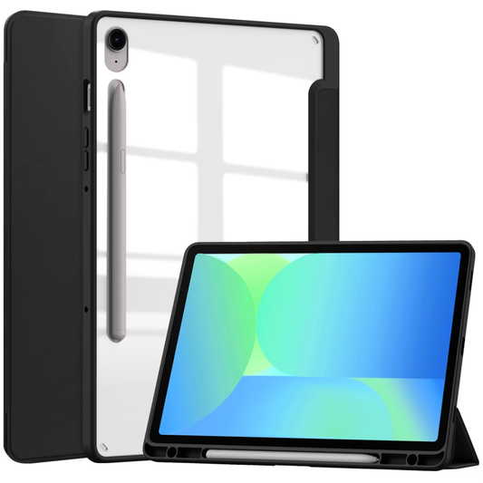 Protective Trifold Flip Cover with Clear Back & Pencil Slot for Galaxy Tab S9 FE (11 inch), Auto Wake/Sleep