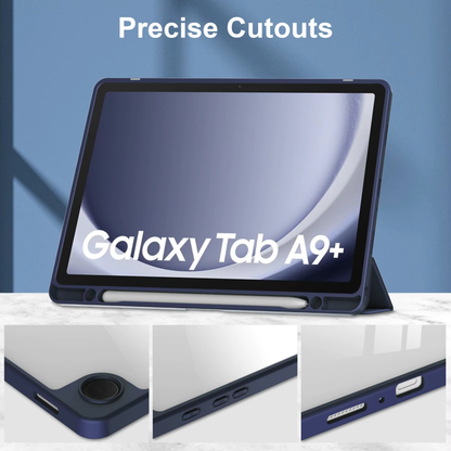 Protective Trifold Flip Cover with Clear Back & Pencil Slot for Galaxy Tab A9 Plus (11.0 inch), Auto Wake/Sleep