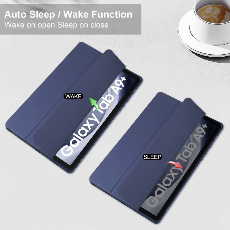 Protective Trifold Flip Cover with Clear Back & Pencil Slot for Galaxy Tab A9 Plus (11.0 inch), Auto Wake/Sleep