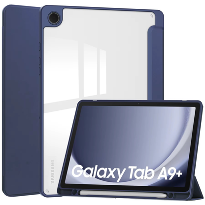 Protective Trifold Flip Cover with Clear Back & Pencil Slot for Galaxy Tab A9 Plus (11.0 inch), Auto Wake/Sleep
