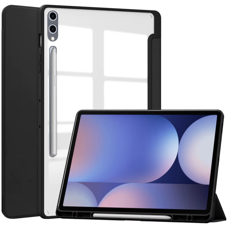 Protective Trifold Flip Cover with Clear Back & Pencil Slot for Galaxy Tab S9 Plus (12.4 inch), Auto Wake/Sleep