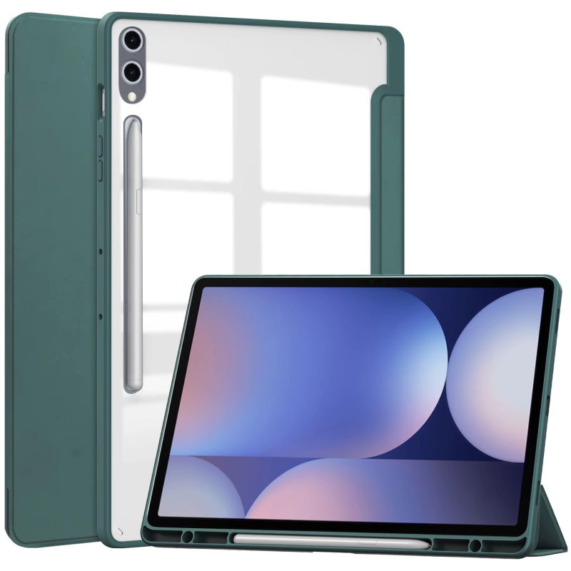 Protective Trifold Flip Cover with Clear Back & Pencil Slot for Galaxy Tab S9 Plus (12.4 inch), Auto Wake/Sleep