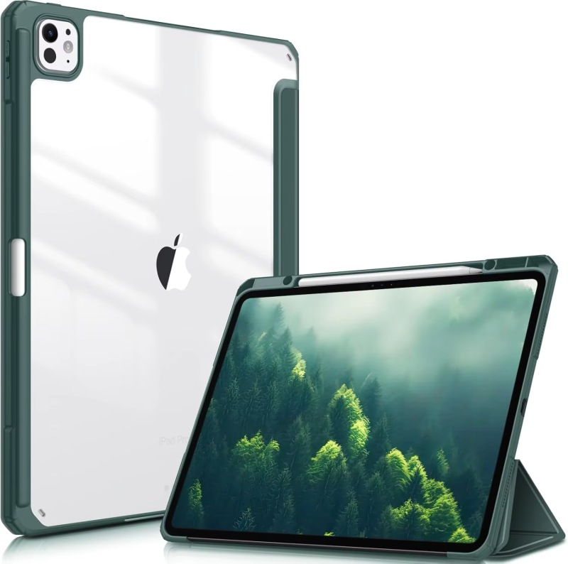 Protective Trifold Case with Clear Back & Pencil Slot for iPad Pro 13-inch (M4) 2025-2024, Auto Wake/Sleep