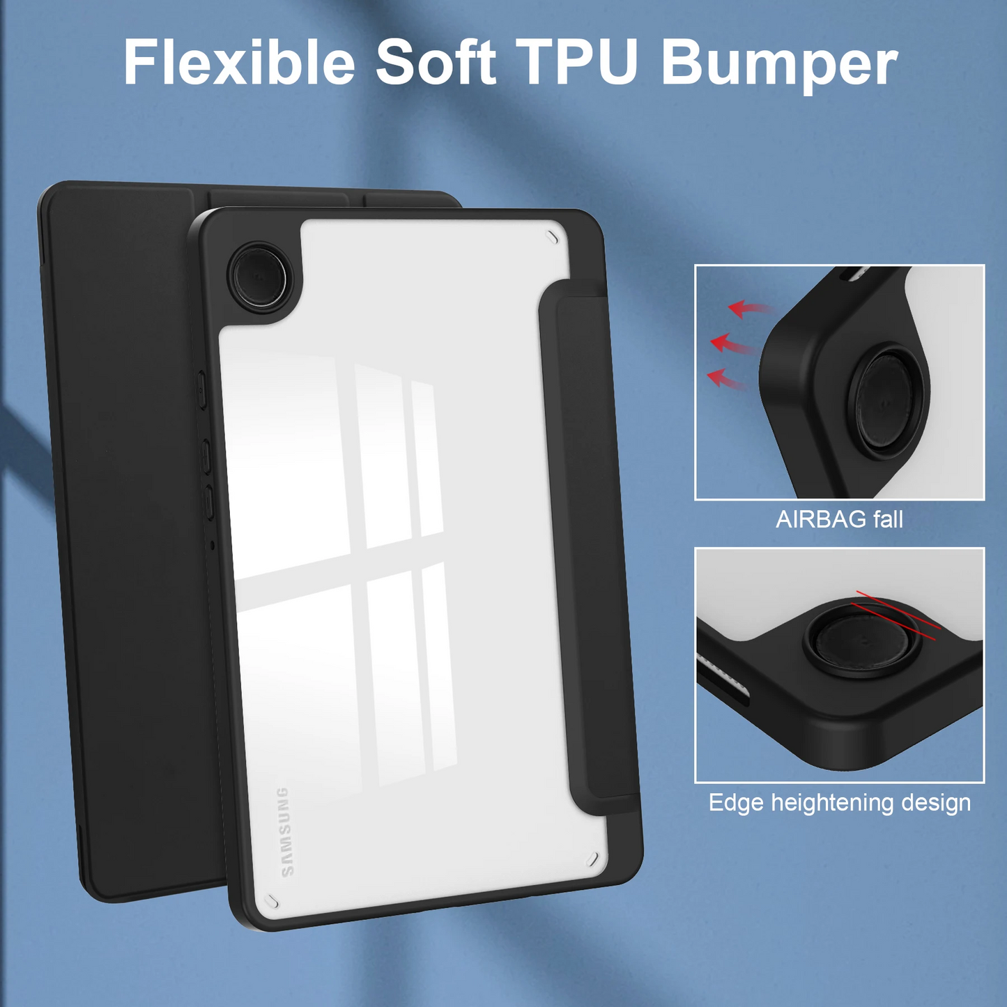 Protective Trifold Flip Cover with Clear Back & Pencil Slot for Galaxy Tab A9 (8.7 inch), Auto Wake/Sleep