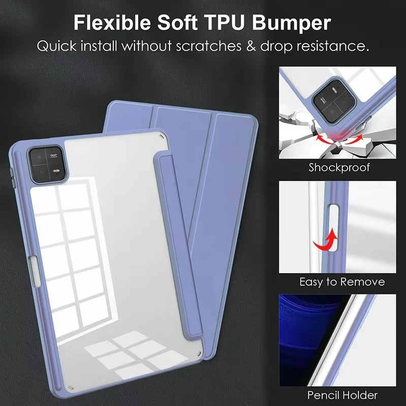 Protective Trifold Flip Cover with Clear Back & Pencil Slot for Redmi Pad 6, 11-inch Auto Wake/Sleep